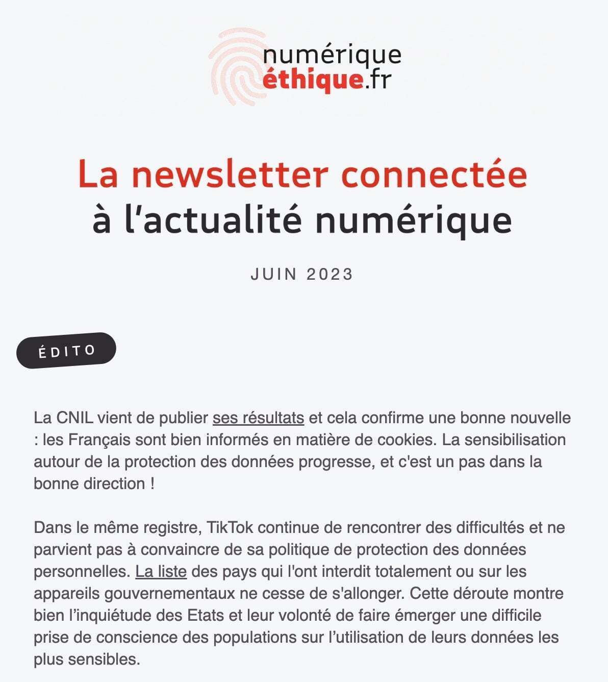 Capture d'écran de la newsletter Numérique Éthique